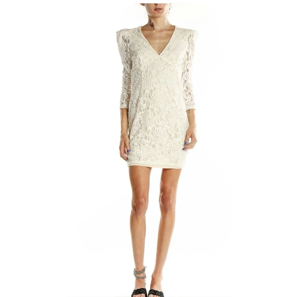 Free People Lace Mini‎ Dress Women XS Ivory Excellent Puff Shoulder V-Neck Boho